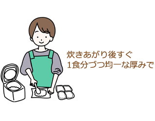 ごはんを1食分づつ均一の厚みになるようにラップや容器に入れる