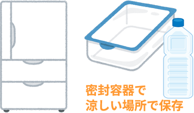 密封容器（タッパ、ペットボトル）で涼しい場所（冷蔵庫）で保管